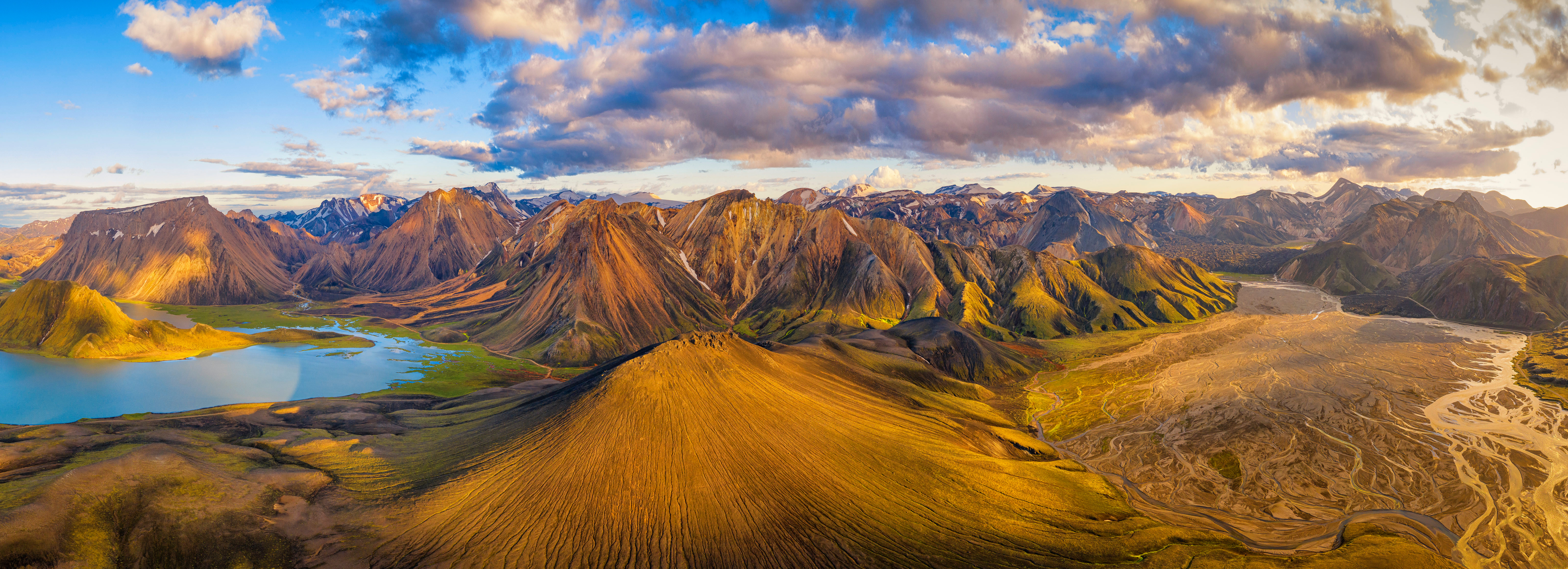 Обои для рабочего стола Исландия Панорама гора Природа Пейзаж Облака 6144x2231 панорамная Горы облако облачно
