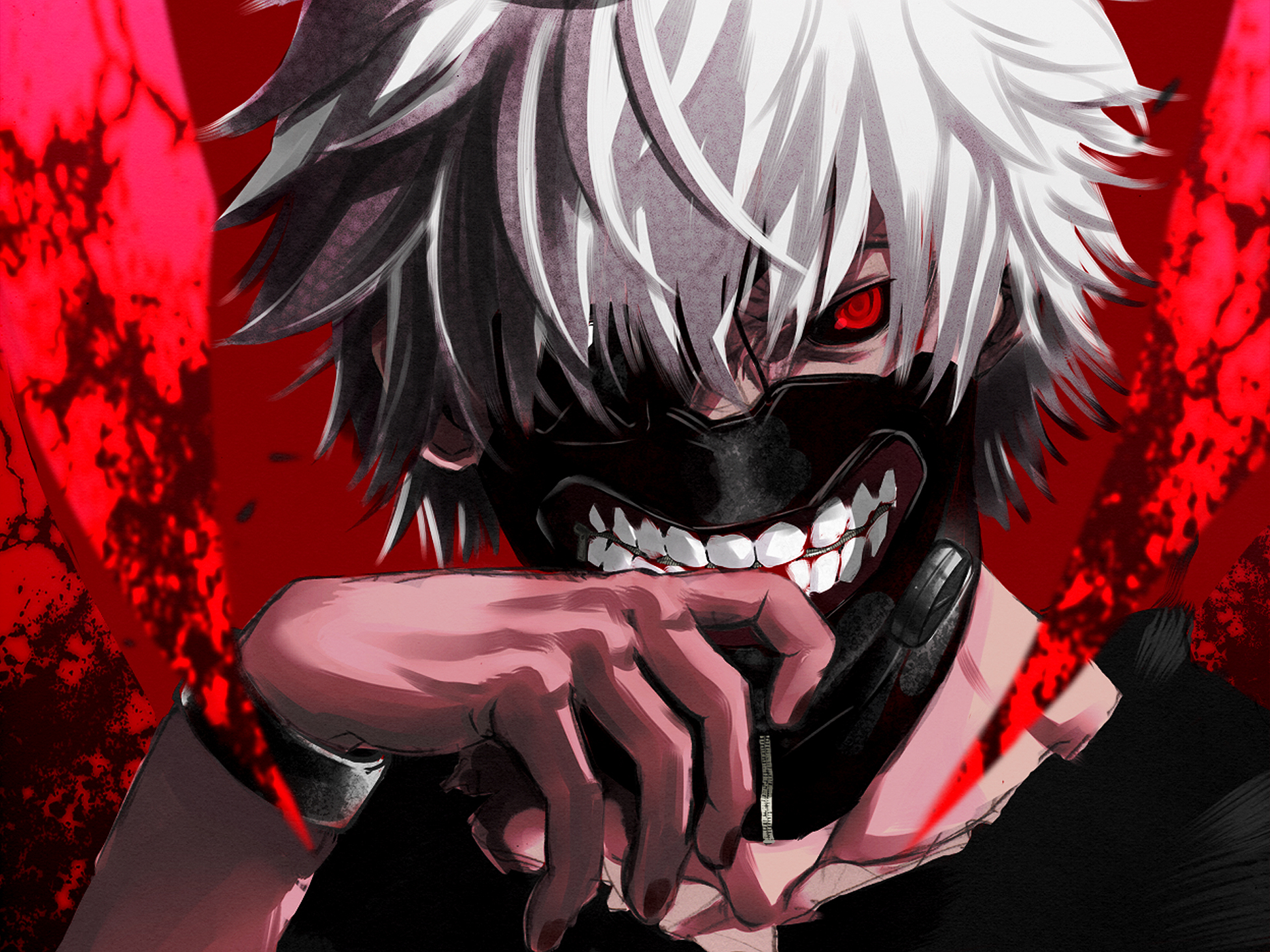 Картинка Tokyo Ghoul Парни Kaneki Ken Аниме Руки Маски Взгляд 1920x1440.