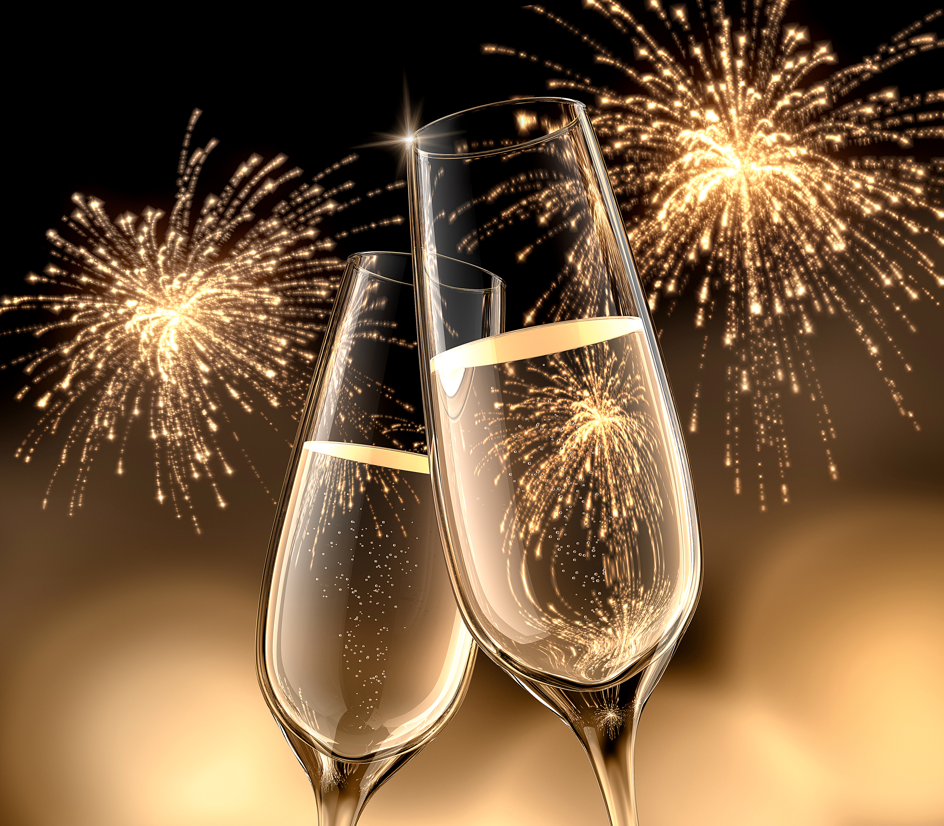 Праздники Новый год Шампанское Салют Бокалы Двое Еда фото 4000x3500 обои ка...