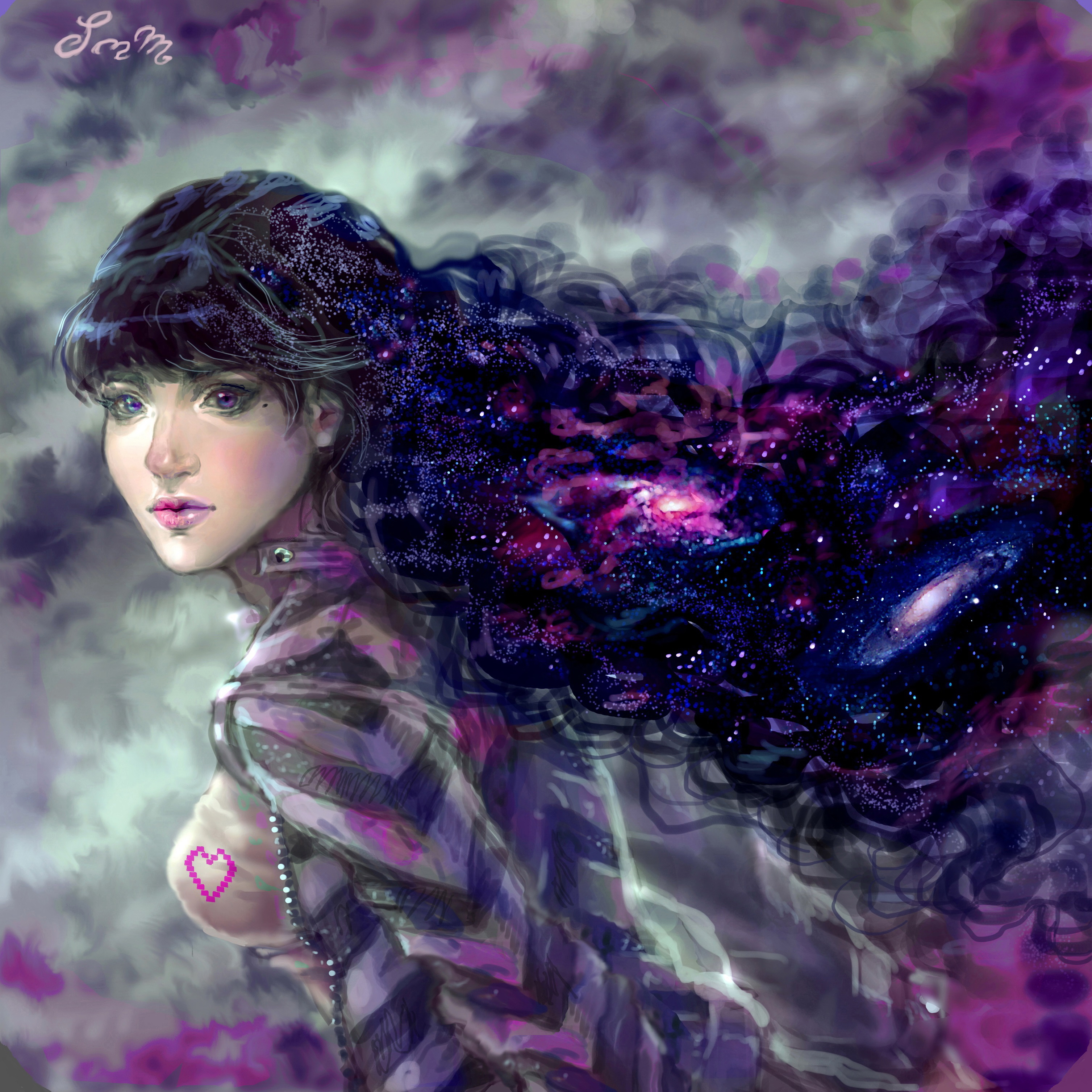 Девушка с фиолетовыми кудрявыми волосами арт