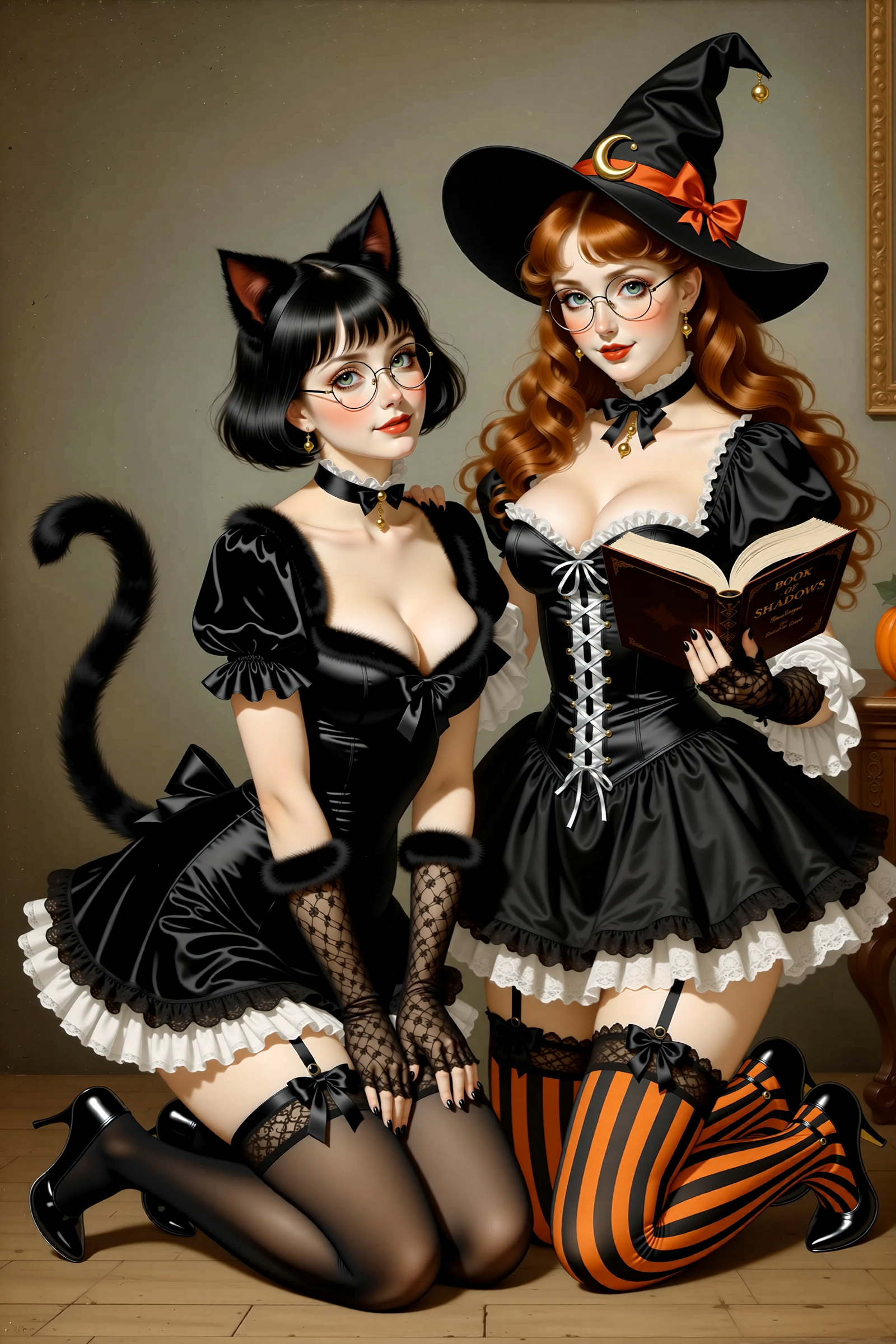Картинки Ведьма Рыжая чулках брюнеток Ai вырез на платье Двое шляпы девушка ног Очки книги платья туфель для мобильного телефона Чулки рыжие рыжих брюнетки Брюнетка Декольте 2 два две Шляпа шляпе вдвоем Девушки молодая женщина молодые женщины Ноги очков очках Книга Платье Туфли туфлях