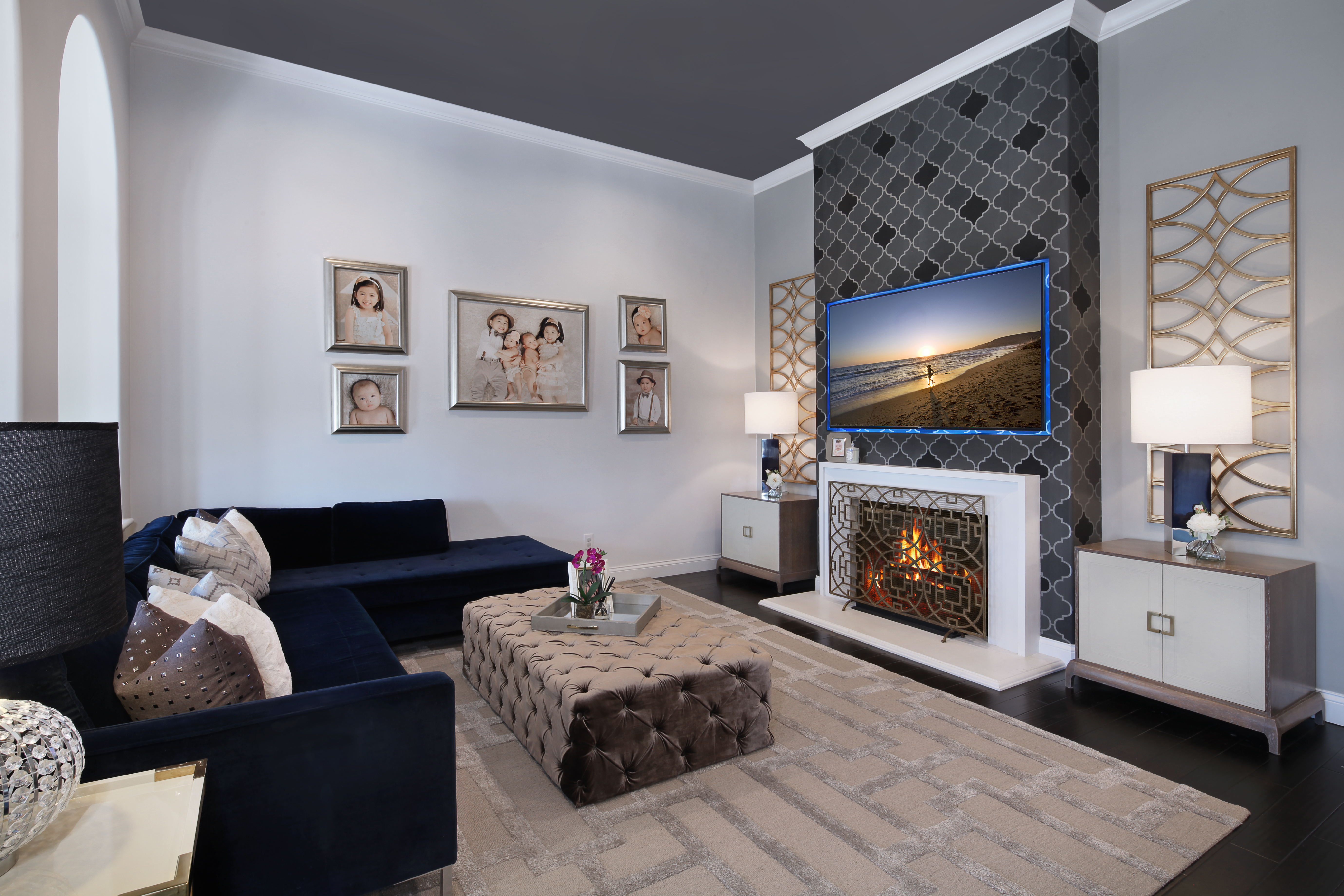 fireplace between 2 rooms of carpet