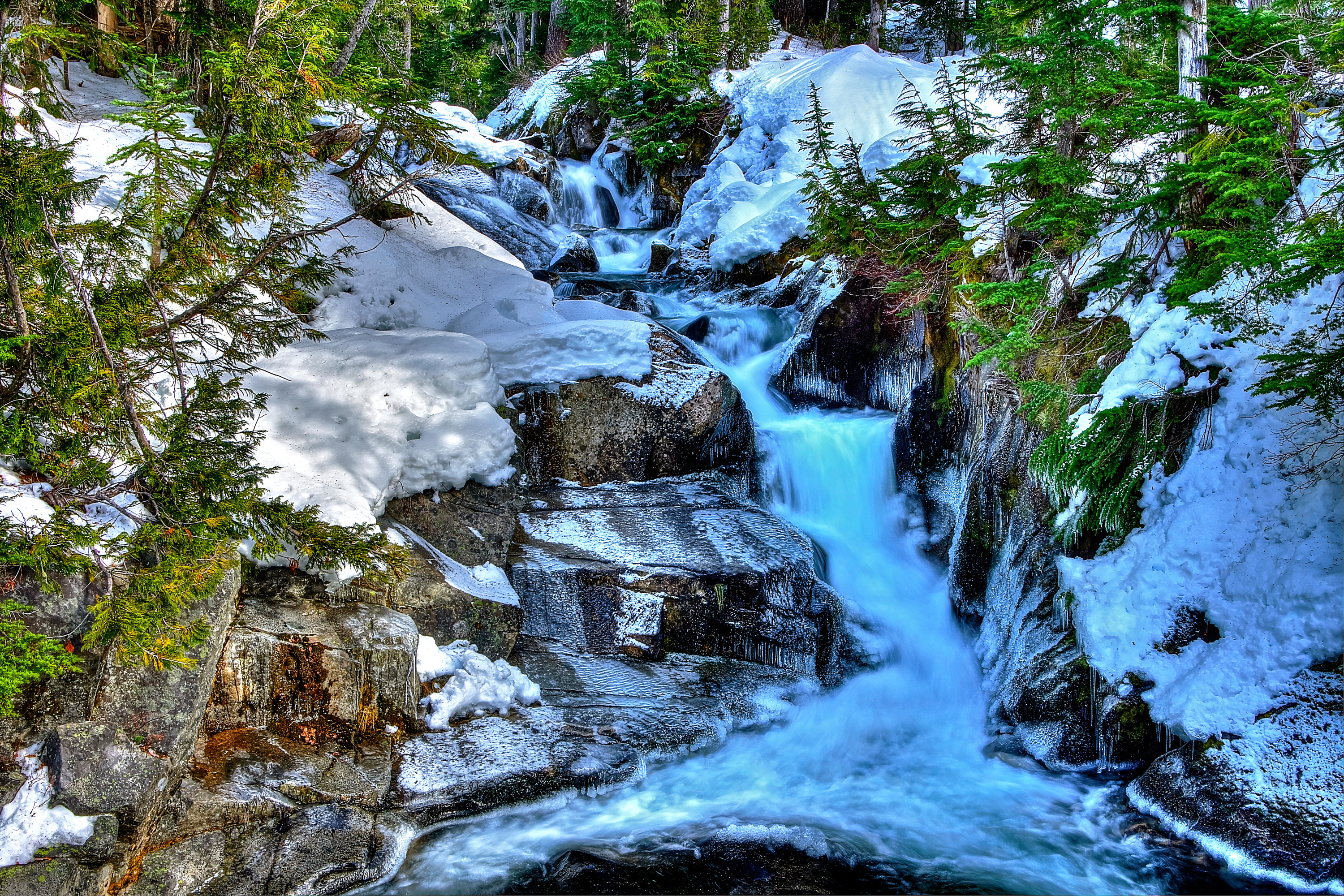 водопад снег лес waterfall snow forest скачать