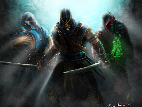 Картинки Mortal Kombat Мечи Ниндзя воины Игры 600x450 меч меча с мечом воин Воители компьютерная игра