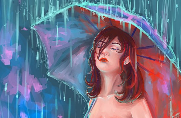 Картинки рыжих Фэнтези молодая женщина Дождь зонтик Рисованные 600x391 рыжие Рыжая Девушки девушка Фантастика молодые женщины Зонт зонтом