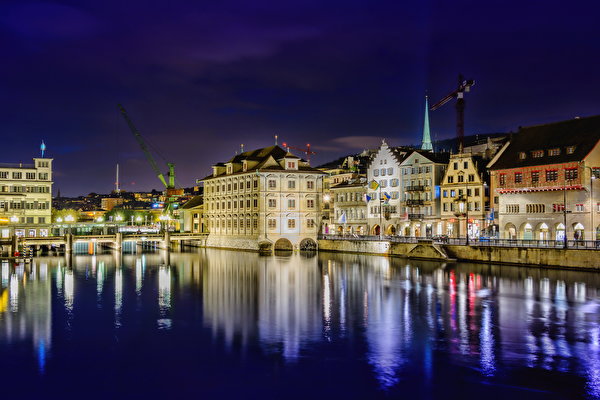 Картинка Швейцария Gockhausen река Ночь Здания Города 600x400 Реки речка ночью в ночи Ночные Дома город