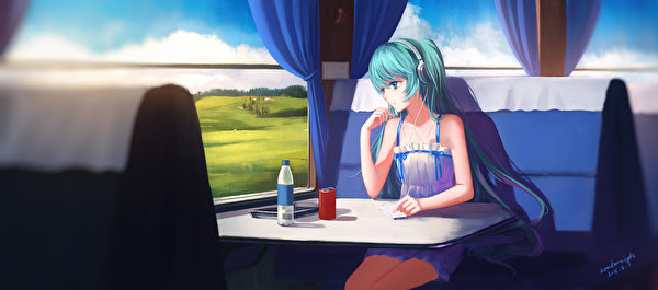 Фотографии Vocaloid Мику Хацунэ sombernight Аниме молодая женщина Поезда 600x265 Вокалоид Hatsune Miku девушка Девушки молодые женщины