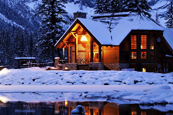 Фото Зима Природа Озеро снегу Здания 600x400 зимние Снег снега снеге Дома