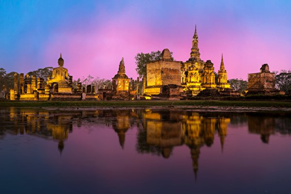 Фото Бангкок Phra Nakhon si Ayutthaya отражается Храмы Вечер город 600x399 отражении Отражение храм Города
