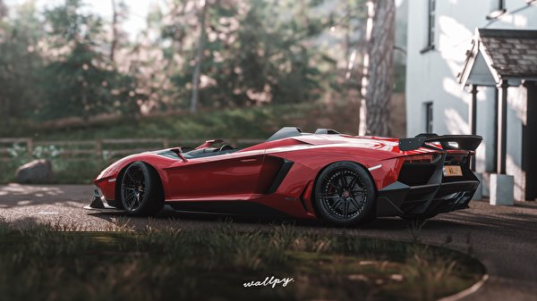 Фотографии Forza Horizon 4 Lamborghini 2018 Aventador J, by Wallpy красных компьютерная игра Сбоку машины 600x337 Ламборгини красная красные Красный Игры авто машина Автомобили автомобиль