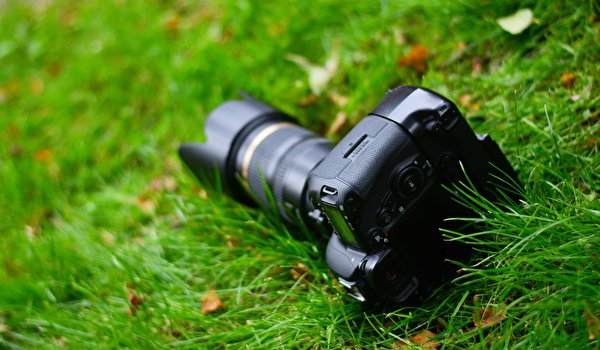 Фотография фотокамера боке траве вблизи 600x350 Фотоаппарат Размытый фон Трава Крупным планом