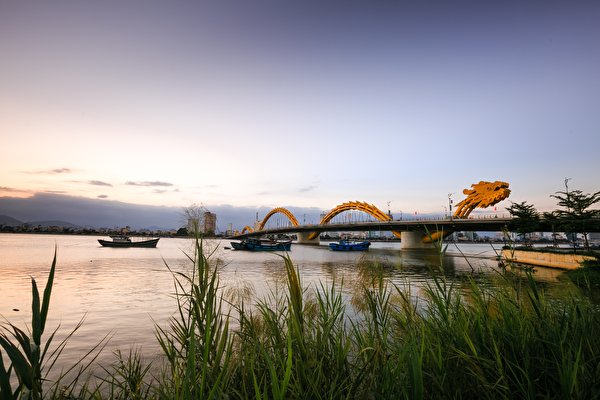 Картинка Драконы Вьетнам Dragon Bridge, Danang Мосты Речные суда Реки траве город 600x400 дракон мост река речка Трава Города