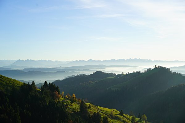 Картинка Швейцария Basel-Landschaf Туман Природа Небо Леса холм 600x400 тумане тумана лес Холмы холмов