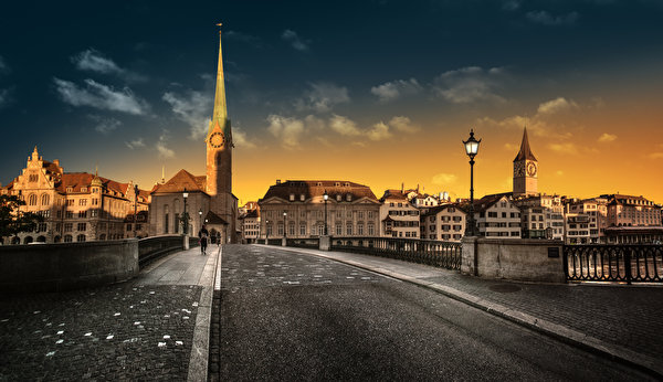 Картинка Цюрих Церковь Швейцария Мосты Уличные фонари Дома Города 600x346 мост город Здания