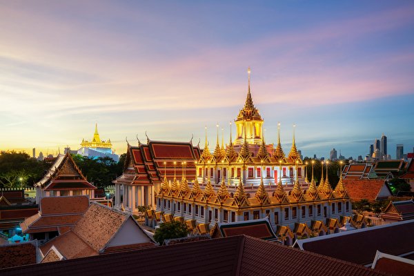 Картинки Бангкок Таиланд Wat Ratchanatdaram, Loha Prasat Храмы Вечер Города 600x400 храм город