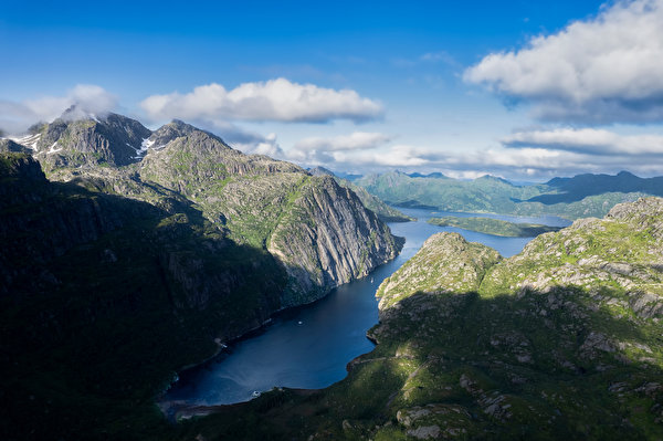 Фотография Лофотенские острова Норвегия Фьорд гора Природа Сверху Облака 600x399 Горы облако облачно