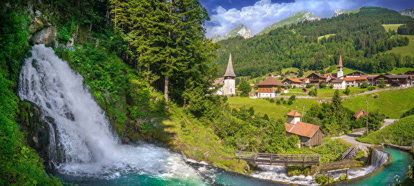 Фотографии альп Швейцария панорамная Fribourg гора Природа Водопады Реки 600x270 Альпы Панорама Горы река речка