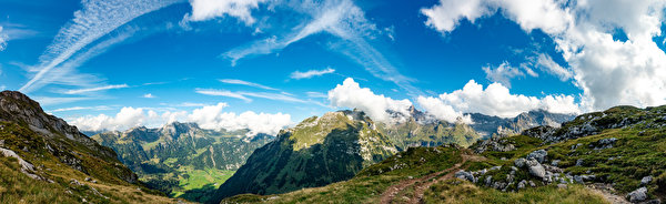 Фотография Альпы Швейцария панорамная гора Природа Небо облачно 600x184 альп Панорама Горы Облака облако