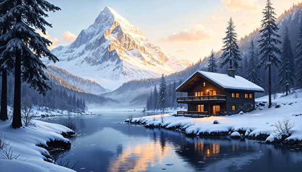 Обои для рабочего стола Ai Ель гора зимние Природа снеге Пейзаж река Здания 600x342 ели Горы Зима Снег снега снегу Реки речка Дома