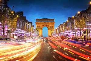 Фотография Франция Дороги Париж Ночные Arc de Triomphe Города