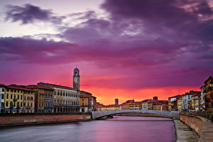 Обои для рабочего стола Италия Небо Мосты Рассвет и закат Pisa Toscana Города