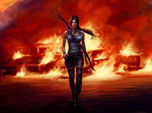 Картинки Tomb Raider Tomb Raider 2013 Пламя Лучники Лара Крофт Майке Игры Девушки