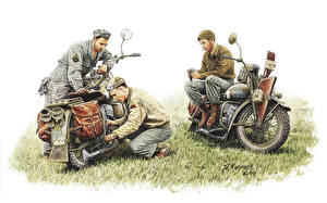 Картинка Солдаты Рисованные US Repair Crew Harley-Davidson WLA  1942 year Армия