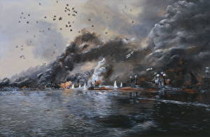 Обои Корабли Война Рисованные Battleship Row in Flames, John Hamilton военные