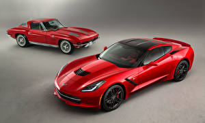 Картинка Chevrolet Вдвоем Красные Металлик 2014 Corvette C7 Stingray Автомобили