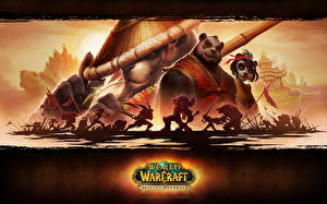 Картинки World of WarCraft Сражения Воители Монстр Бамбуковый медведь Mists of Pandaria Игры