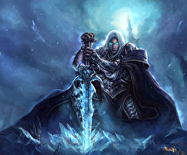 Картинки Рыцарь Воители WoW С мечом Lich King, Arthas Menethil компьютерная игра Фэнтези