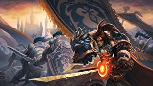 Фотографии World of WarCraft Битвы Доспехи Меч varian wrynn warrior Игры Фэнтези