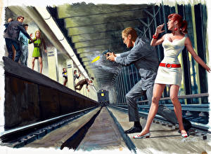 Обои Mort Kunstler Живопись Мужчины Метро Metro station девушка