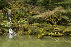 Картинка Штаты Парки Пруд Водопады Камень Кусты Portland Japanese Gardens Oregon Природа