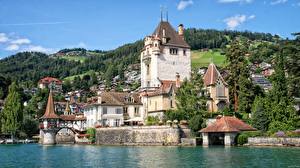 Картинка Швейцария Замок Озеро Oberhofen Castle, Lake Thun Города Природа