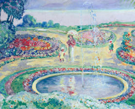 Обои для рабочего стола Сады Живопись Фонтаны Flowering Garden Henri Lebasque Природа