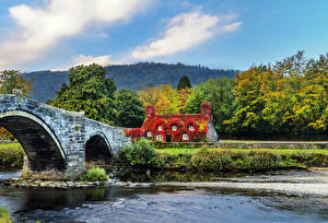 Фотография Великобритания Мост Речка Здания Уэльс Llanrwst Природа