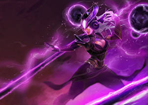 Фотографии League of Legends Волшебство Фиолетовых syndra Dark Sovereign Игры Фэнтези Девушки