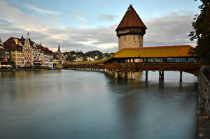 Картинки Швейцария Мост Здания Река Lucerne Города