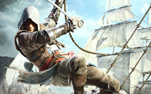 Картинки Assassin's Creed 4 Black Flag Мужчины Капюшоном С саблей компьютерная игра