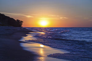 Картинка Рассвет и закат Побережье США Озеро Indiana Dunes National Lakeshore, Lake Michigan, Indiana Природа