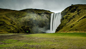 Фото Исландия Водопады Мха Skogafoss Природа