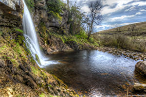 Обои Великобритания Водопады HDR Скала Thorton Force Waterfal Природа