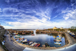 Обои Великобритания Пирсы Катера Лодки Небо HDRI Inner Harbour Alderney город