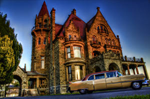 Обои для рабочего стола Cadillac Замки Винтаж HDR Craigdarroch Castle 1954 Города Автомобили