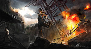 Картинки Tomb Raider 2013 Взрывы Лучники Лара Крофт компьютерная игра Девушки