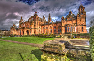 Обои для рабочего стола Великобритания Дома Небо Дизайн Газон HDR Glasgow Kelvingrove Art Gallery Города