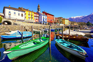 Обои Швейцария Причалы Дома Лодки Ascona Ticino Города