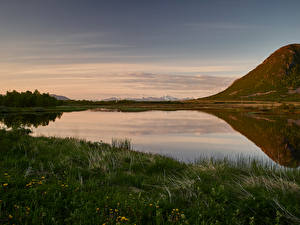 Фото Норвегия Вечер Озеро Небо Лофотенские острова Траве Lofoten