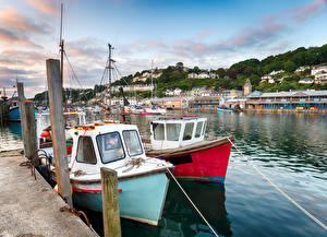 Картинки Великобритания Реки Пирсы Катера Дома Looe Harbour Города